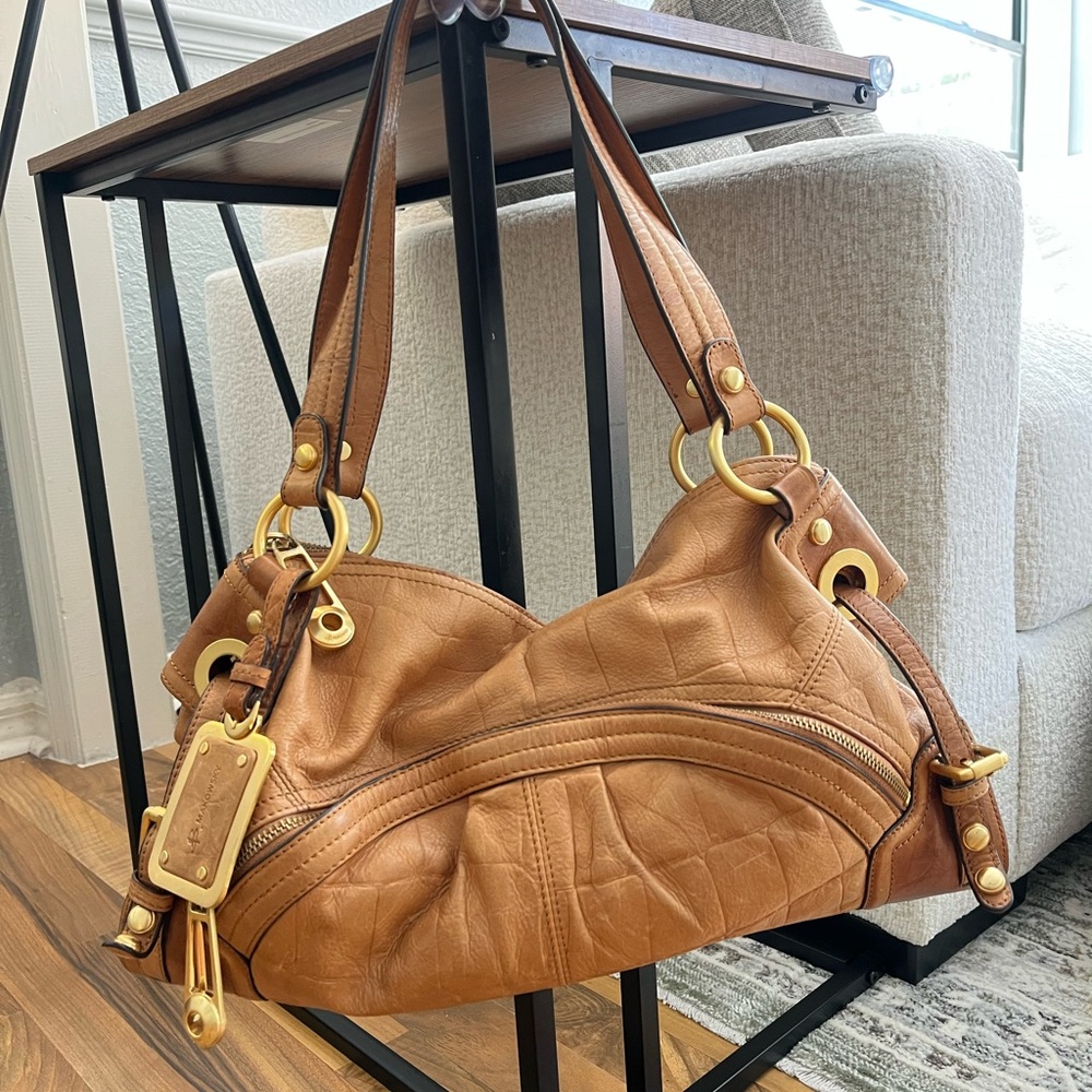 B. Makowsky Caramel Leather Shoulder Bag with Gold Accents
